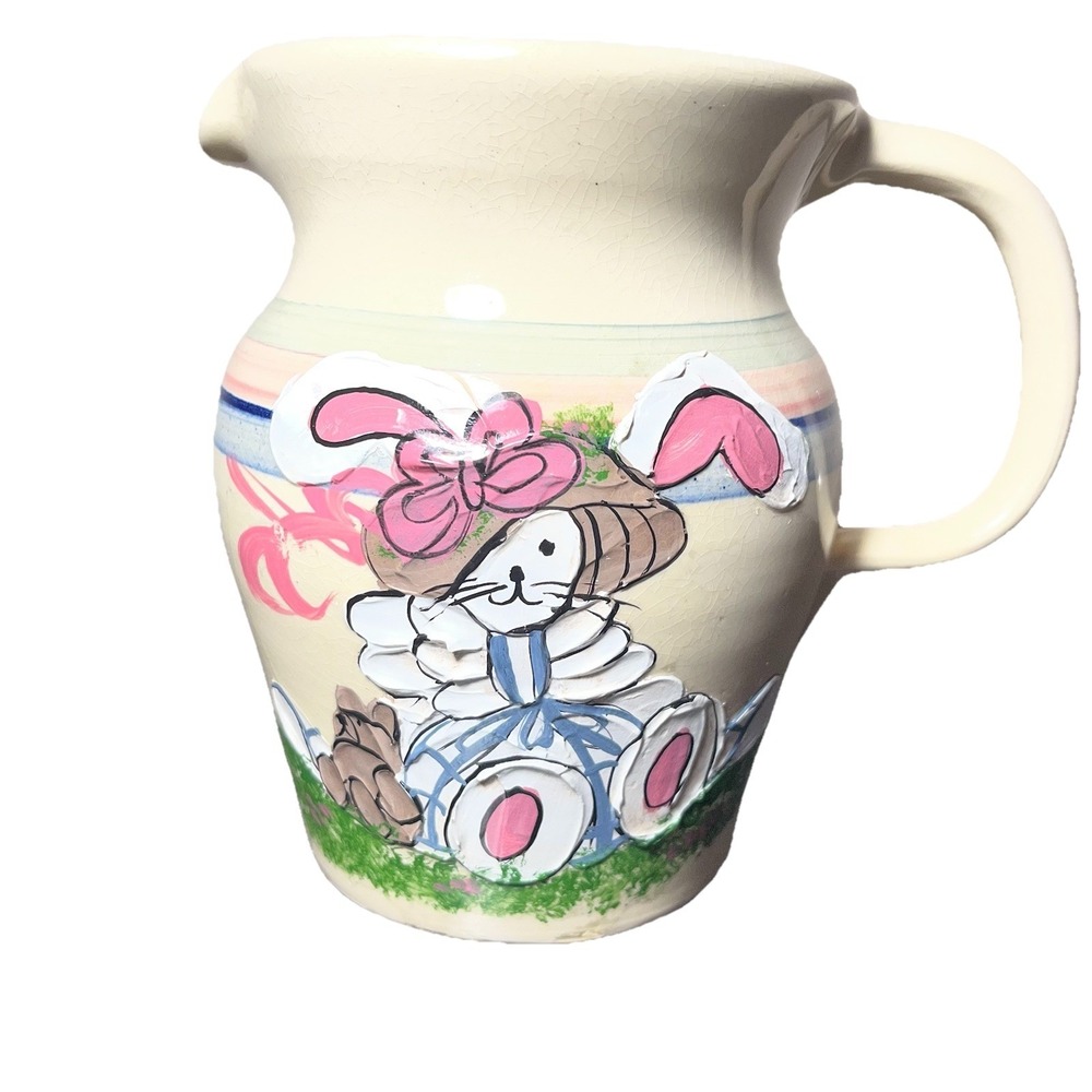 Vintage Studio Pottery Easter Bunny Pitcher Handcrafted Painted Cottagecore